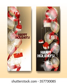 Holiday banners with shiny confetti, red gift box and air balloons
