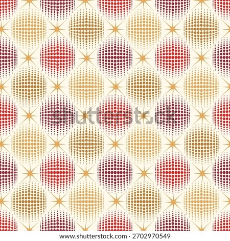Holiday baubles seamless pattern. Christmas icon ornament. Halftone balls and stars noel festive decor