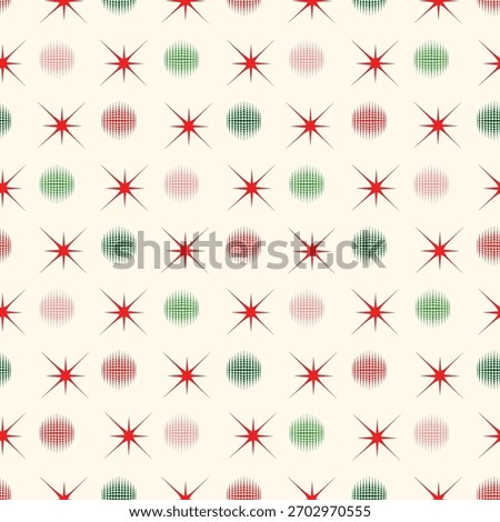 Holiday baubles seamless pattern. Christmas icon ornament. Halftone balls and stars noel festive decor