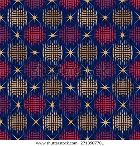 Holiday baubles seamless pattern. Christmas icon ornament. Halftone balls and stars noel festive decor