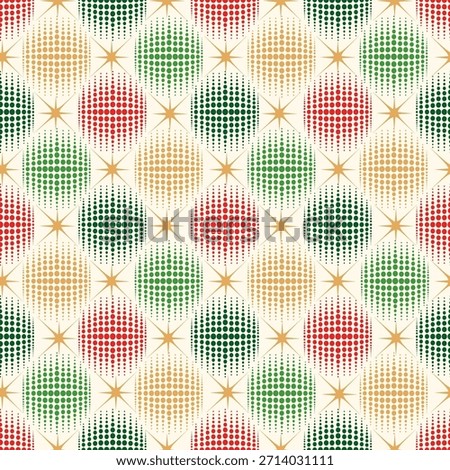 Holiday baubles seamless pattern. Christmas icon ornament. Halftone balls and stars noel festive decor