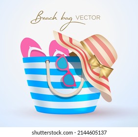 Holiday Beach bag, glasses, hat, slippers vector