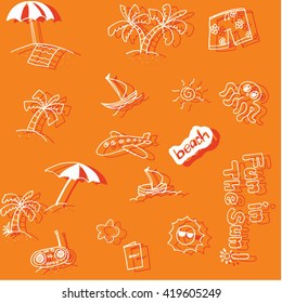 Holiday beach doodle art with orange backgrounds