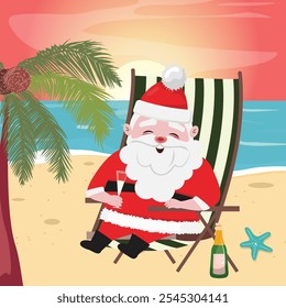 Holiday beach scene with Santa relaxing in a chair, sipping champagne near a palm tree and starfish at sunrise