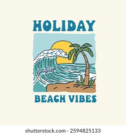 Holiday Beach Vibes waves sunset palm tree hand drawn vector illustration