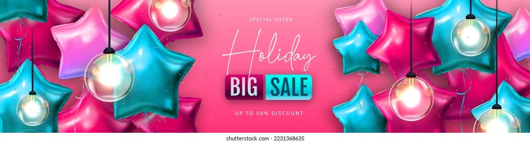 Holiday big sale typography poster with pink and blue star shaped balloons. Vector illustration