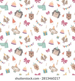 Holiday birthday animal seamless pattern set featuring crocodile dog hedgehog bear cake candle monkey gift bow party hat garland celebration
