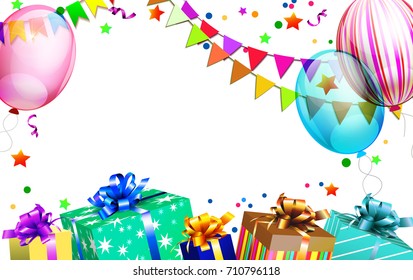 Holiday birthday background with balloons and gifts