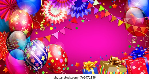 Holiday birthday background with balloons and gifts