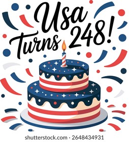 Design de bolo de aniversário de feriado. EUA transforma 248 mensagem com alta bandeira temática bolo e confete espiral em fundo branco