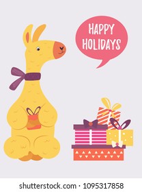Holiday birthday card with cute llama and presents.