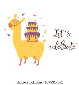Holiday birthday card with cute llama and cake