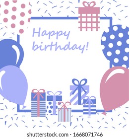 Holiday birthday card with gift box, balls  made in flat style vector. Isolated on the background. Card, banner, poster, invitation.
