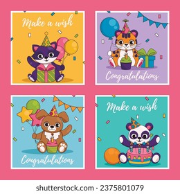 Holiday birthday cards with cute animals. 4 square pieces. Vector graphic.