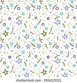 Holiday birthday carnival symbols on white background, vector seamless pattern.