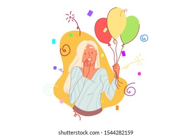 Holiday, birthday celebration concept. Pleasantly surprised young woman holding colorful festive balloons, amazed girl receiving congratulations on special occasion. Simple flat vector