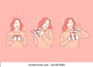 Holiday, birthday, gift, joy, surprise set concept. Happy excited girl has taken birthday gift. Holiday surprise is really amazing. Gladful woman is in expectation of birthday gift Simple flat vector