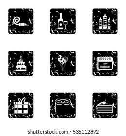 Holiday birthday icons set. Grunge illustration of 9 holiday birthday vector icons for web