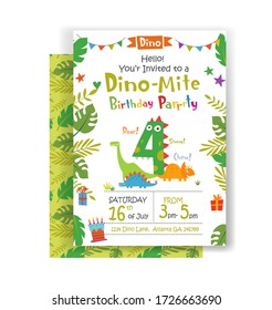 Holiday Birthday Invitation To Dino Birthday Party Four Years With Funny Cartoon Dinosaurs And Design Elements. Vector Illustration