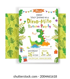 Holiday Birthday Invitation To Dino Birthday Party Three Years With Funny Cartoon Dinosaurs And Text. Vector Illustration