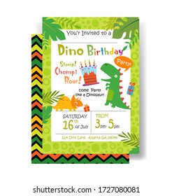 Holiday birthday invitation with funny cartoon dinosaurs and text. Vector illustration