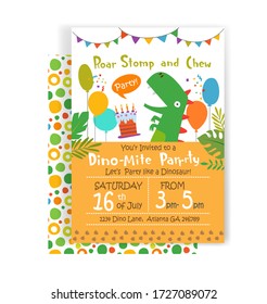 Holiday birthday invitation with funny cartoon dinosaur and text. Vector illustration