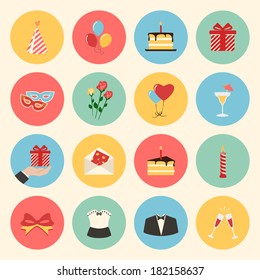 holiday birthday party colorful flat design icons set. template elements for web and mobile applications