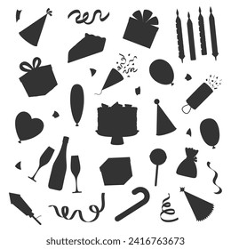 Holiday birthday party object black silhouette set. Balloon confetti champagne bottle glass candle cake slice candy cane gift box toy clapper popper ribbon bow heart romantic greeting decor isolated
