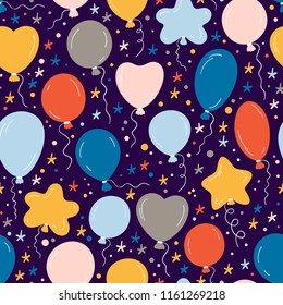 
Holiday or Birthday Seamless pattern with doodle Cute Balloons and Stars. Festive Colorful Background for kids with Balloons. Cartoon Balloon Vector illustration