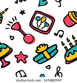Holiday, birthday seamless pattern. Birthday party icon set. Hand drawn illustration. Vector