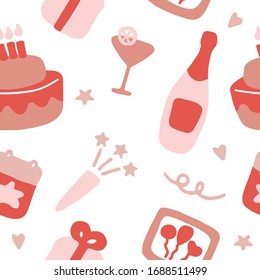 Holiday, birthday seamless pattern. Birthday party icon set. Hand drawn illustration. Vector illustration