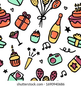 Holiday, birthday seamless pattern. Birthday party icon set. Hand drawn illustration. Vector