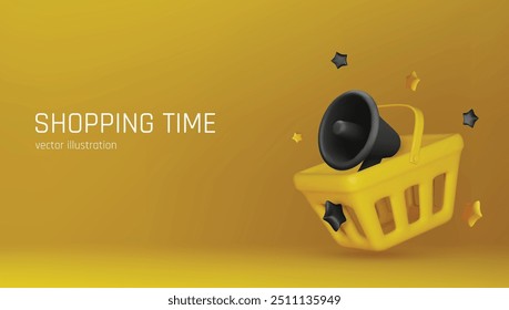 Holiday Black Friday Sale. Realistic 3d objects gift box, shopping bag, percent sign, megaphone loudspeaker, falling money. vector illustration