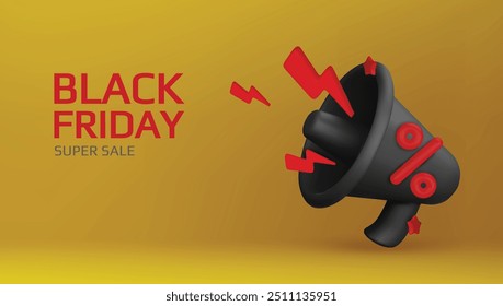 Holiday Black Friday Sale. Realistic 3d objects, percent sign, megaphone loudspeaker, lightning. vector illustration