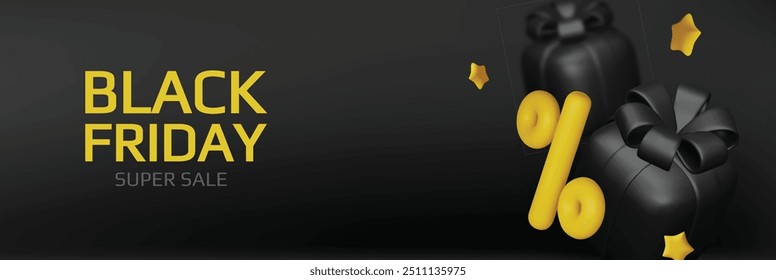 Holiday Black Friday Sale. Realistic 3d objects gift box, shopping bag, percent sign, megaphone loudspeaker, falling money. vector illustration