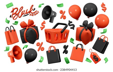 Holiday Black Friday Sale set of themed decorative elements for design. Realistic 3d objects gift box, red balloon, megaphone loudspeaker, shopping bag, food basket, falling money. vector illustration