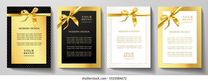 Holiday Black And Gold Frame Design Set. Luxury Background With Stars Pattern And Golden Ribbon. Premium Vector Collection Template For Gift Certificate, Luxe Invite Template, Gift Card