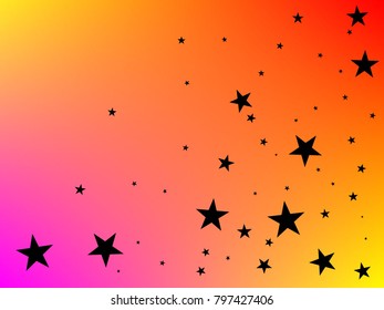 Holiday black starry in pink, orange background. Tiny stars. Confetti celebration, Falling black abstract decoration for party, birthday celebrate, anniversary or event, festive. Festival decor.