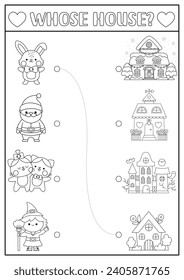 Holiday black and white matching activity for children with kawaii characters and their homes. Fun puzzle with line Santa Claus, bunny, witch, cats. Worksheet, game, coloring page for kids
