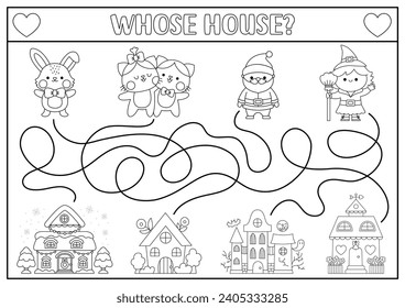 Holiday black and white maze for kids. Line activity with kawaii Santa Claus, witch, cats, bunny, house. Labyrinth game, puzzle, coloring page with Christmas, Easter, Valentine, Halloween character
