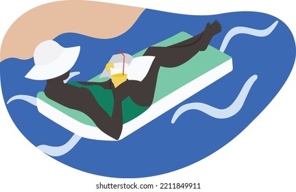 Holiday Black Woman drifting on Floating mat at the Beach Sea Reading book with drink in hand