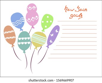 A holiday blank notebook page with colorful ballons on a white background. Goals for 2020. Christmas, New Year's concept. EPS10 vector illustration