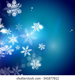 Holiday blue abstract background, winter snowflakes, Christmas and New Year design template, light shiny modern vector illustration