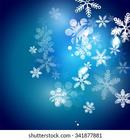Holiday blue abstract background, winter snowflakes, Christmas and New Year design template, light shiny modern vector illustration