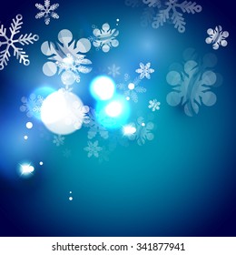 Holiday blue abstract background, winter snowflakes, Christmas and New Year design template, light shiny modern vector illustration