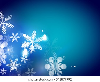 Holiday blue abstract background, winter snowflakes, Christmas and New Year design template, light shiny modern vector illustration
