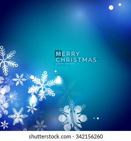 Holiday blue abstract background, winter snowflakes, Christmas and New Year design template, light shiny modern vector illustration