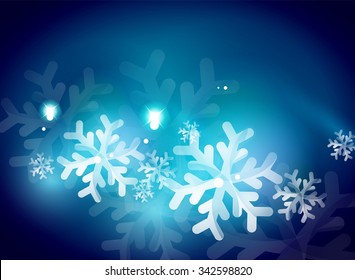 Holiday blue abstract background, winter snowflakes, Christmas and New Year design template, light shiny modern vector illustration