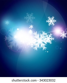 Holiday blue abstract background, winter snowflakes, Christmas and New Year design template, light shiny modern vector illustration