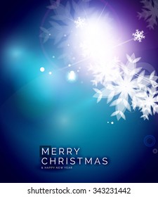 Holiday blue abstract background, winter snowflakes, Christmas and New Year design template, light shiny modern vector illustration